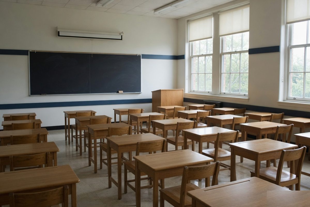 Illustrative photograph of an empty classroom. It is not a photograph of a college classroom.