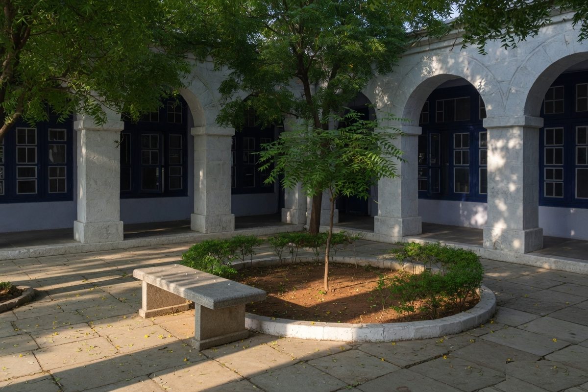Illustrative photograph of a shaded courtyard. It is not a photograph of the college campus.