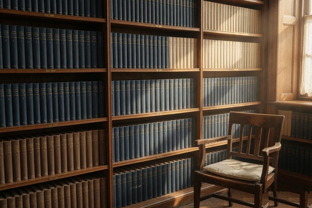 Illustrative photograph of bookshelves. It is not a photograph of the college collection.