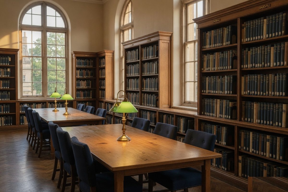 Illustrative photograph of a library reading room. It is not a photograph of the college library.